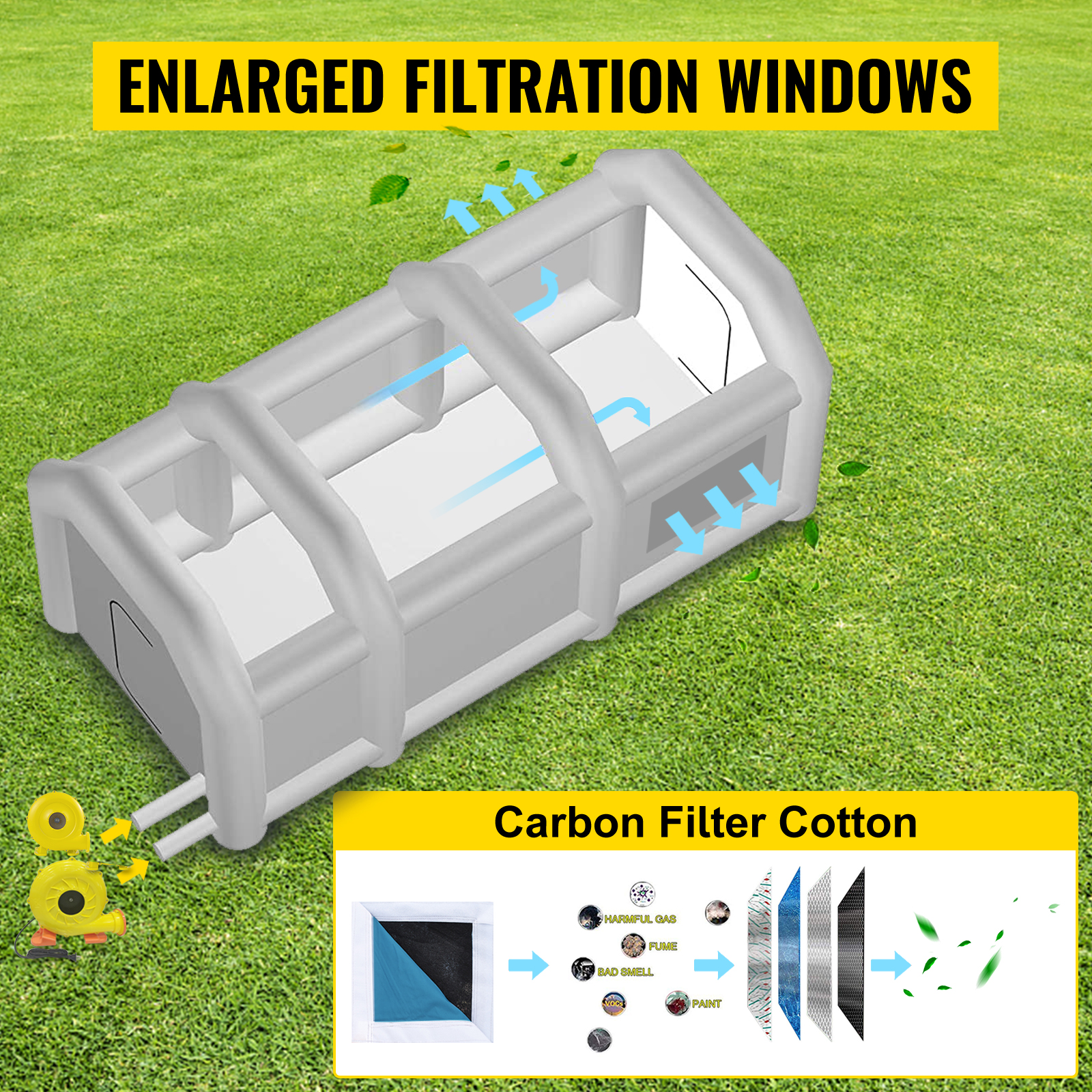 VEVOR inflatable paint booth with enlarged filtration windows on green grass.