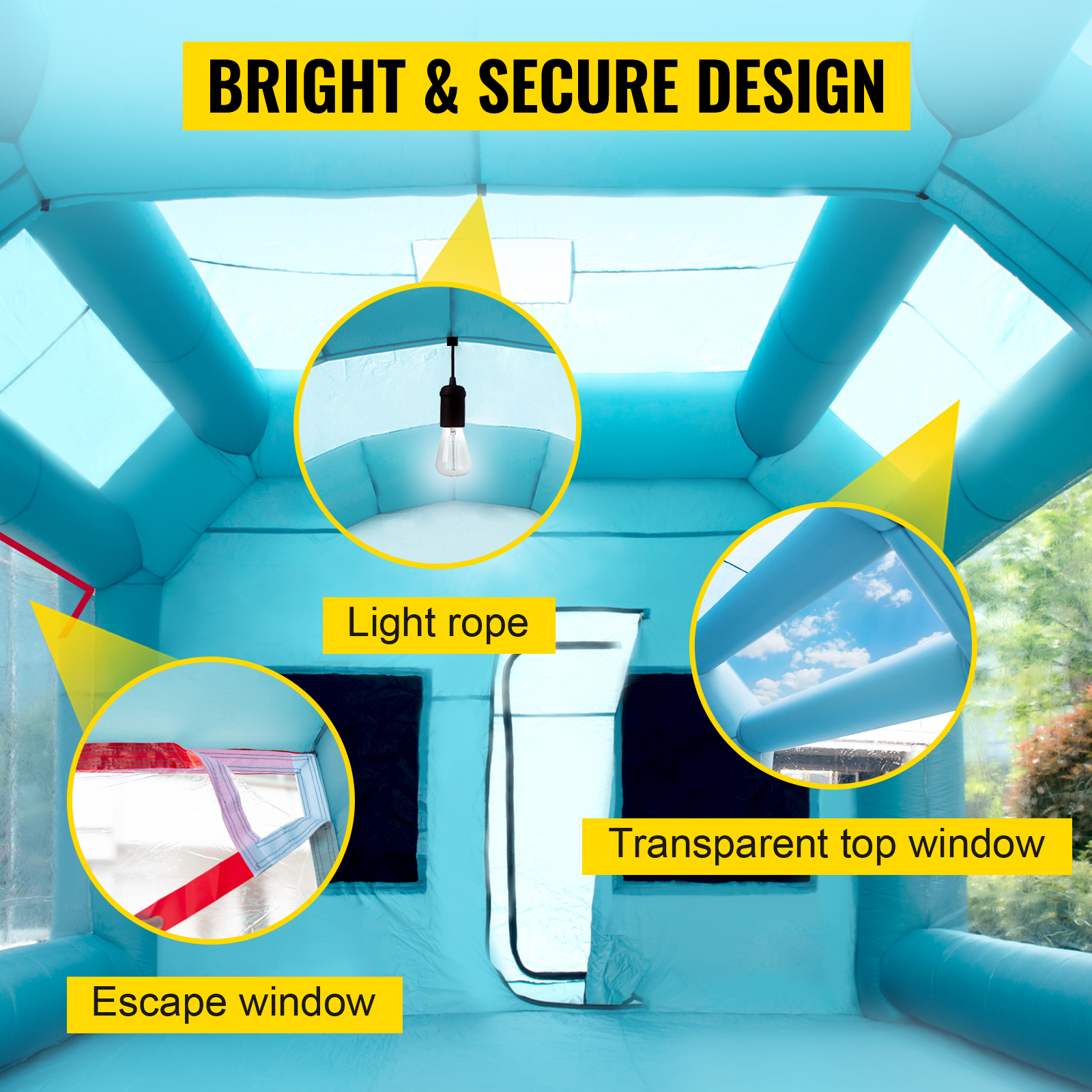 VEVOR inflatable paint booth with light rope, escape window, and transparent top window.