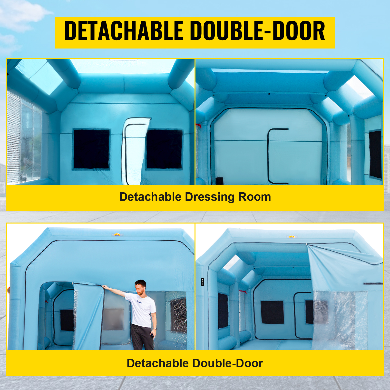 VEVOR inflatable paint booth features detachable double-door and dressing room.