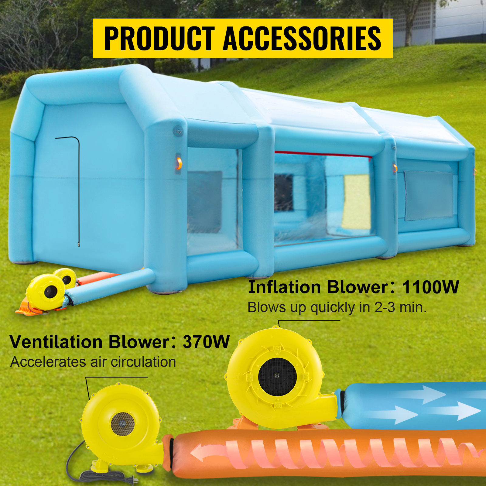 VEVOR inflatable paint booth with 1100w inflation and 370w ventilation blowers on grass.