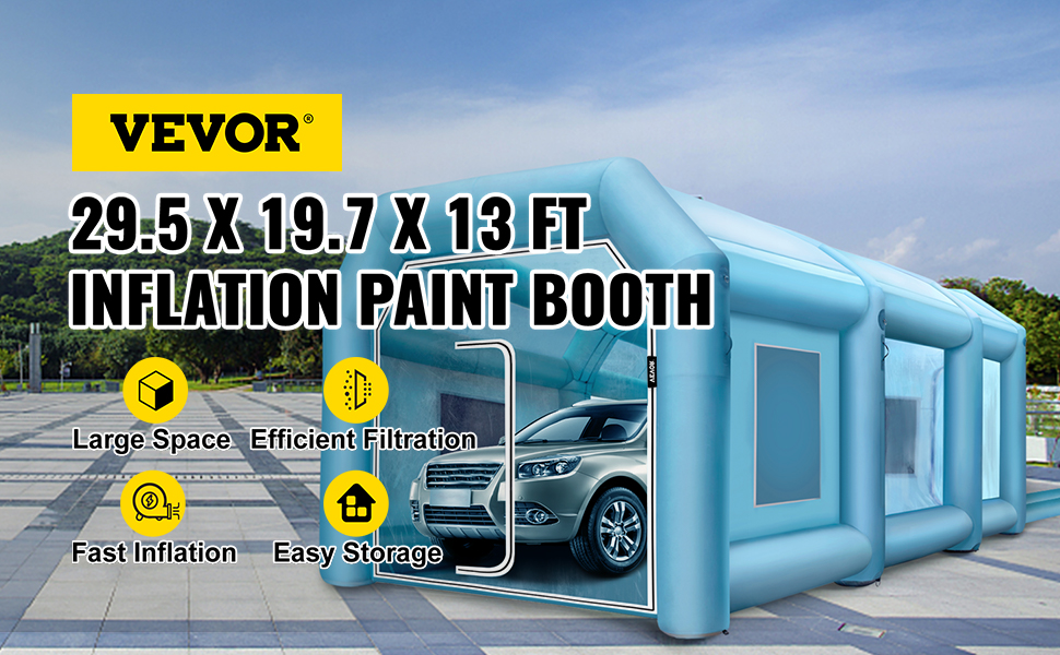VEVOR inflatable paint booth with car, large space, efficient filtration, fast inflation.