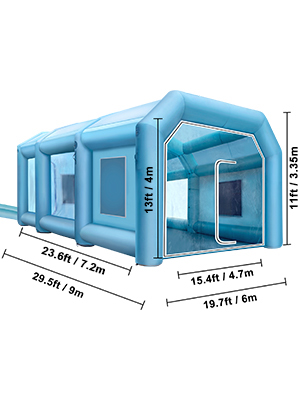 VEVOR inflatable paint booth showcasing dimensions and blue inflatable structure.
