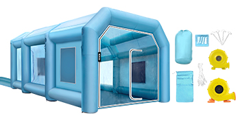 blue VEVOR inflatable paint booth with accessories, including blowers and stakes.