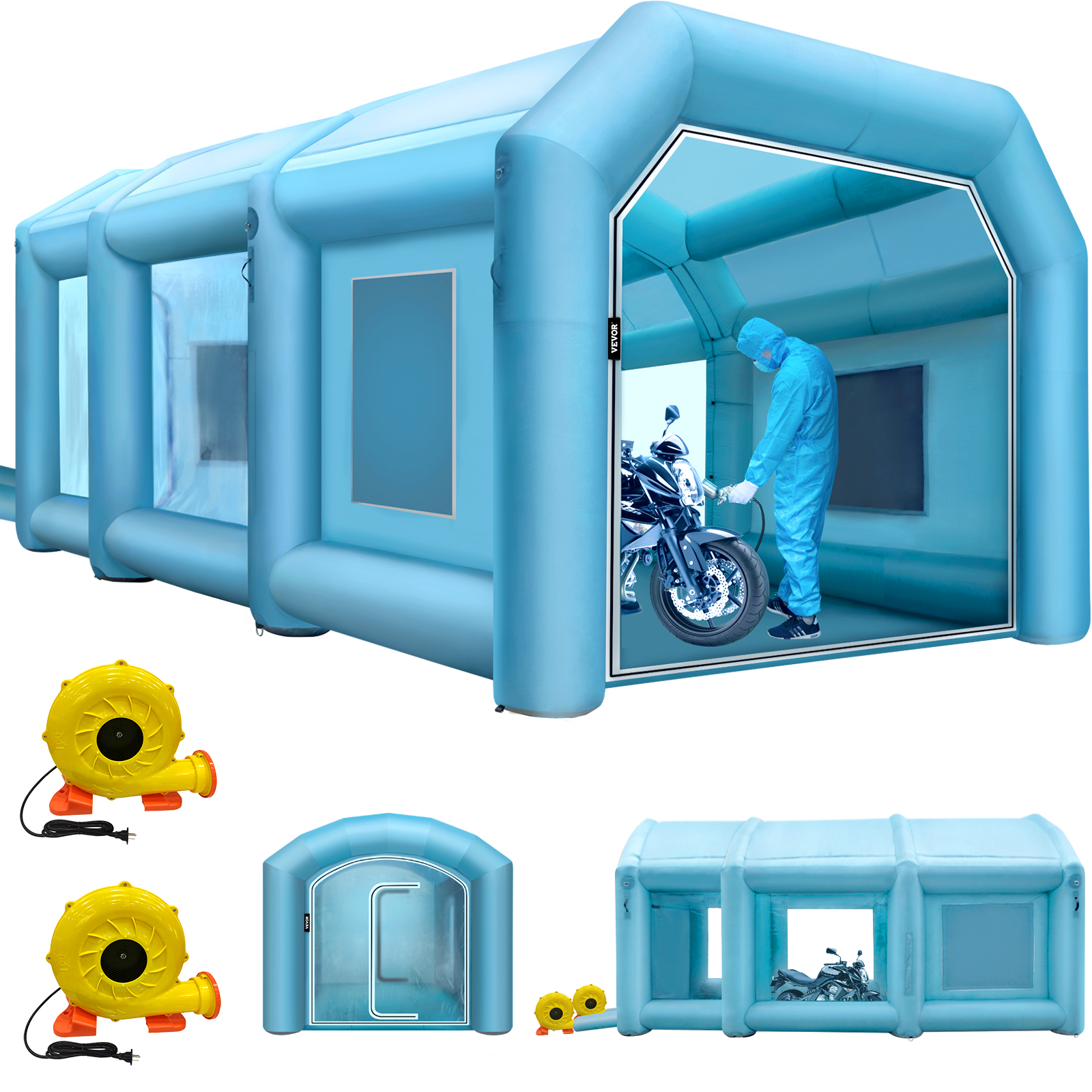 VEVOR inflatable paint booth with man painting motorcycle, includes two blowers.
