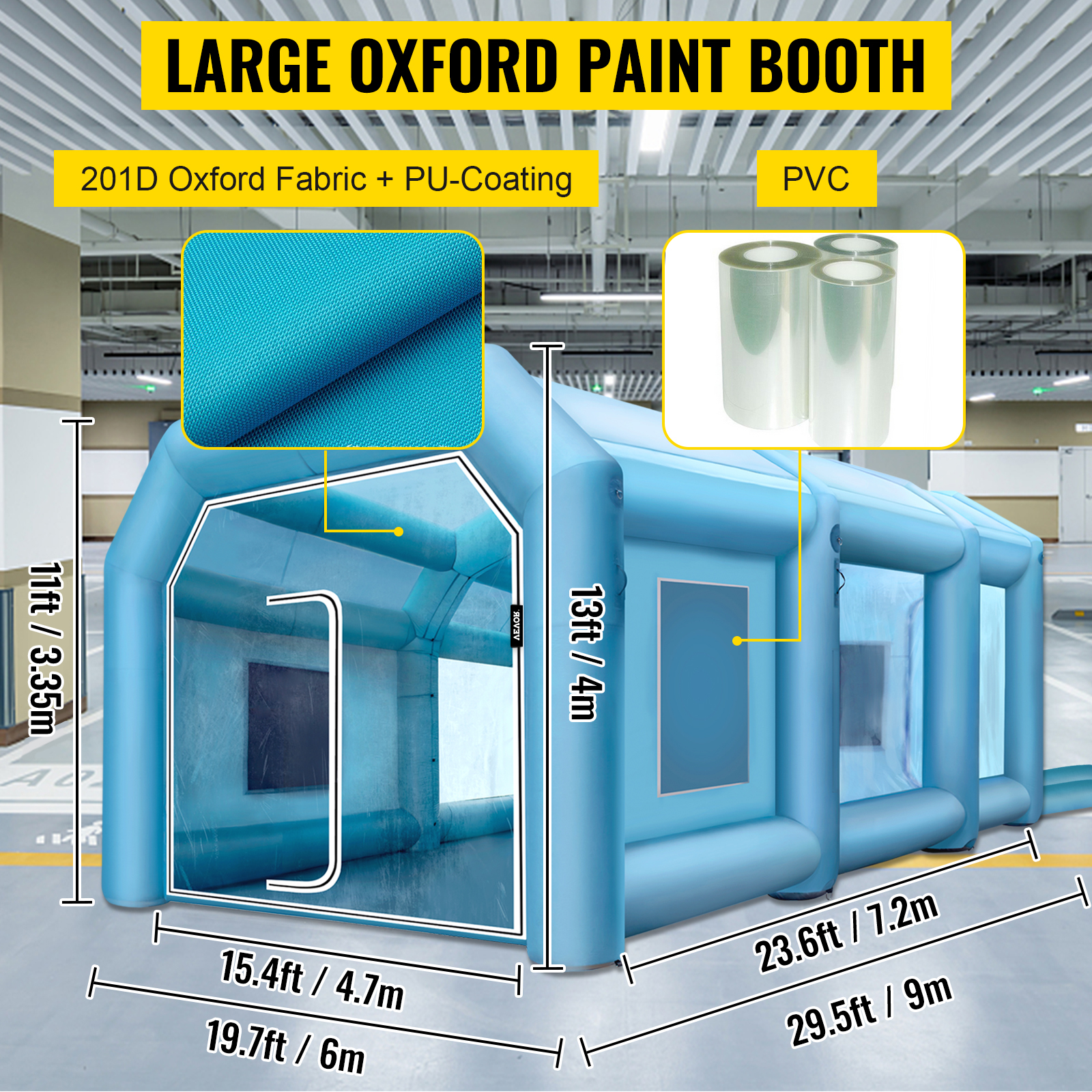 large VEVOR inflatable paint booth with pvc and 201d oxford fabric, 29.5ft long.