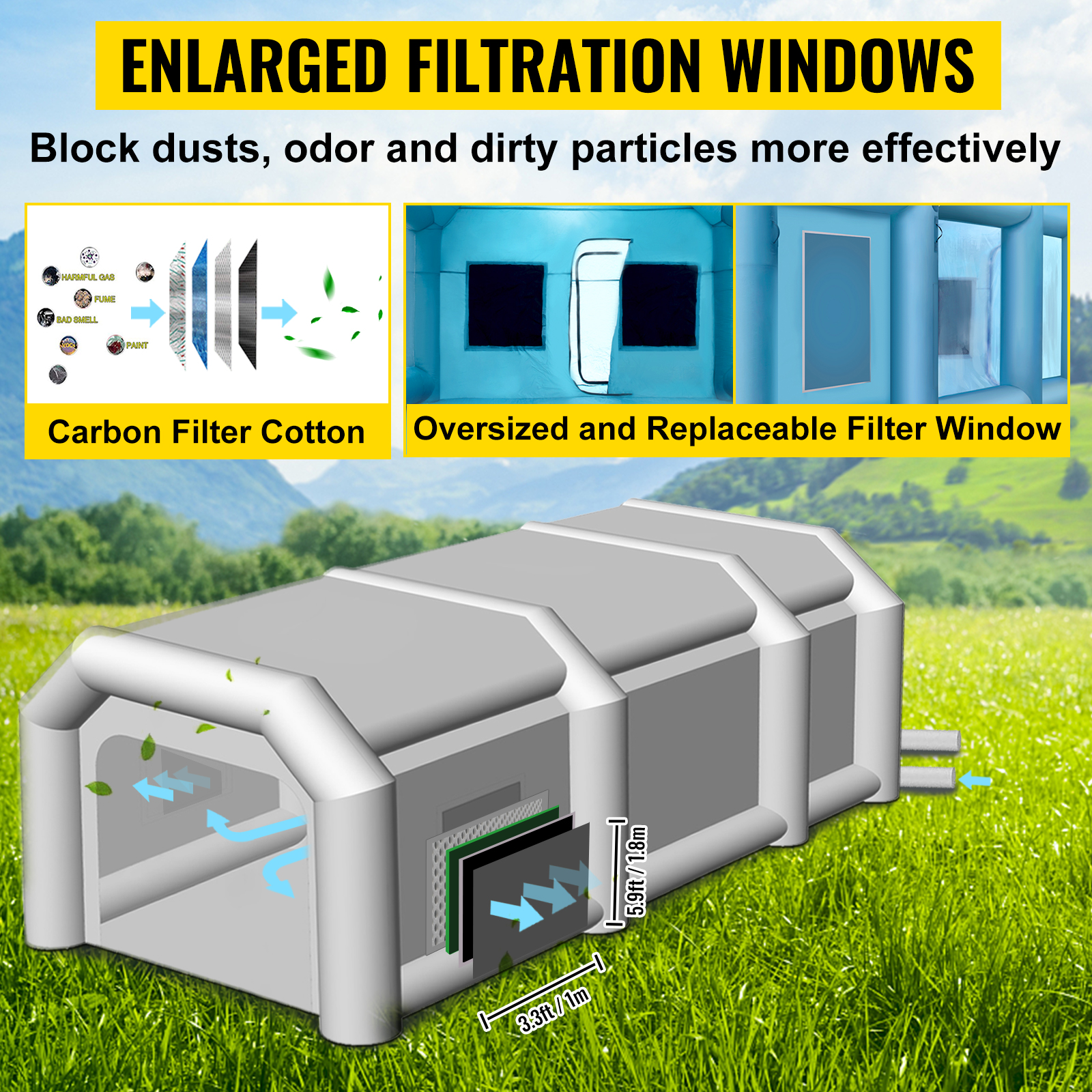 VEVOR inflatable paint booth with enlarged filtration windows and carbon filter cotton.