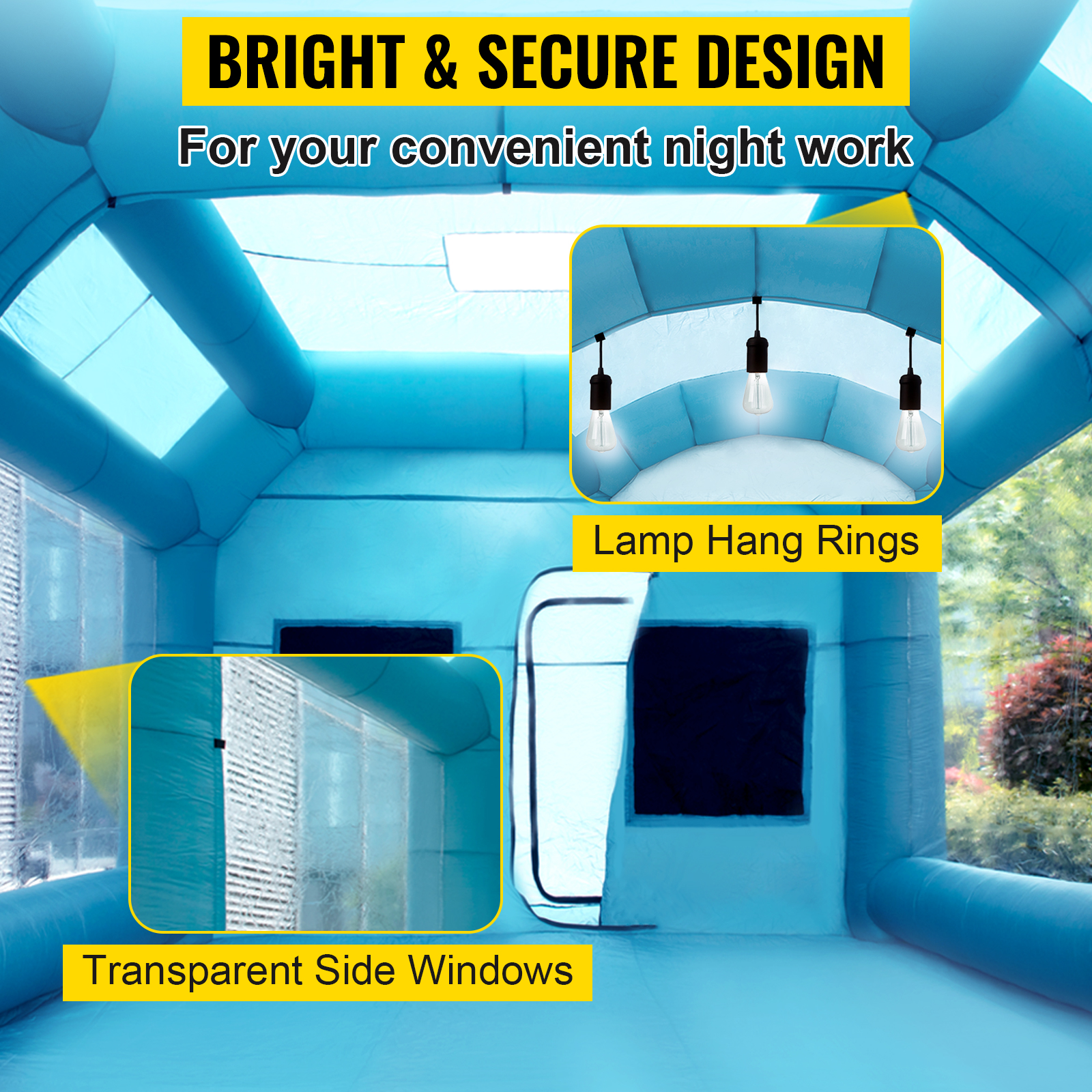 VEVOR inflatable paint booth with lamp hang rings and transparent side windows