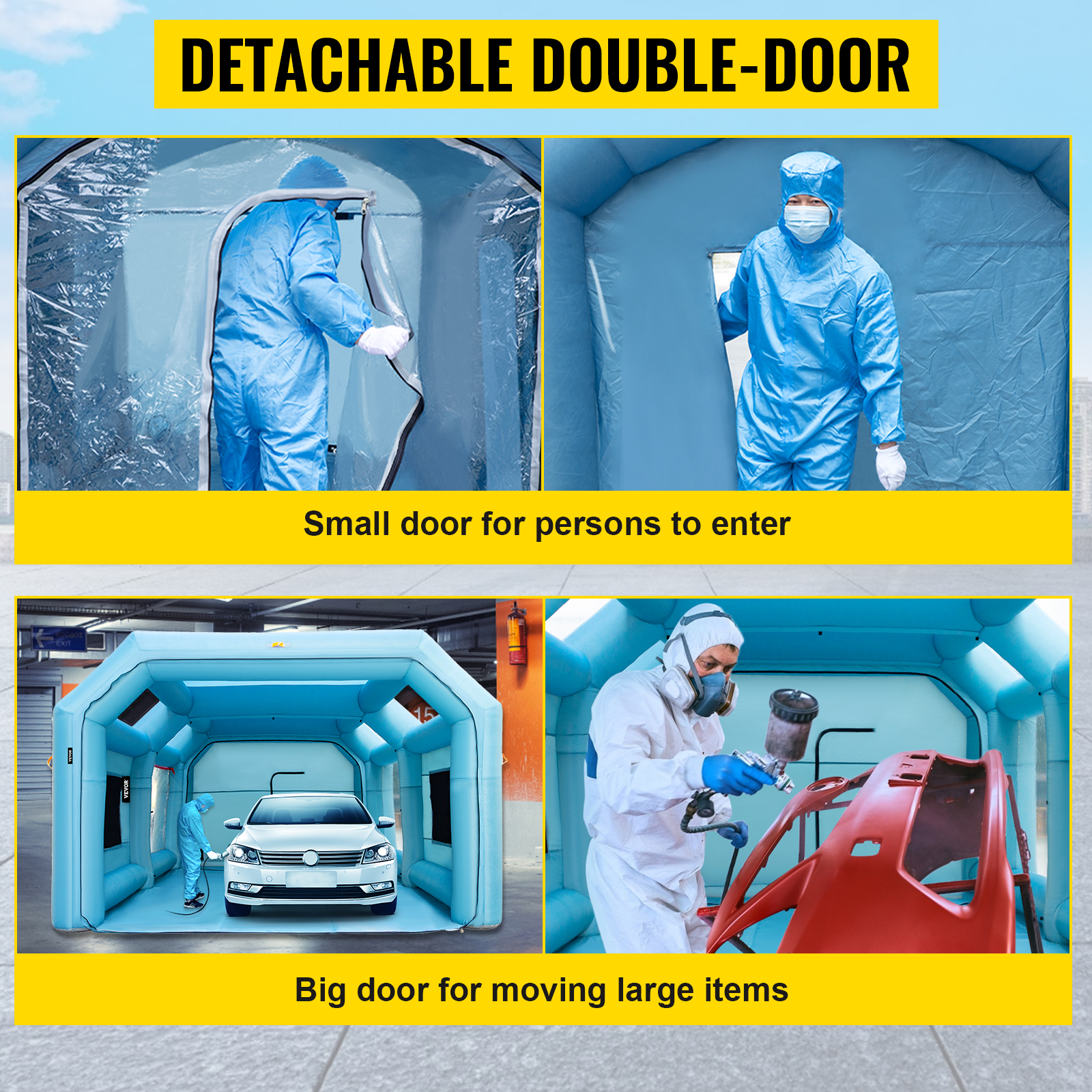 VEVOR inflatable paint booth with detachable double-door for easy entry and large item access.