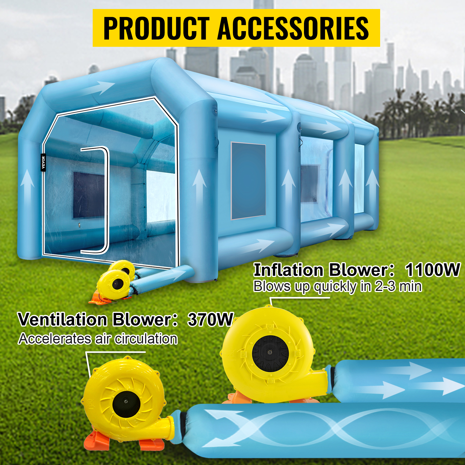 VEVOR inflatable paint booth with blowers, showcasing inflating and venting systems.
