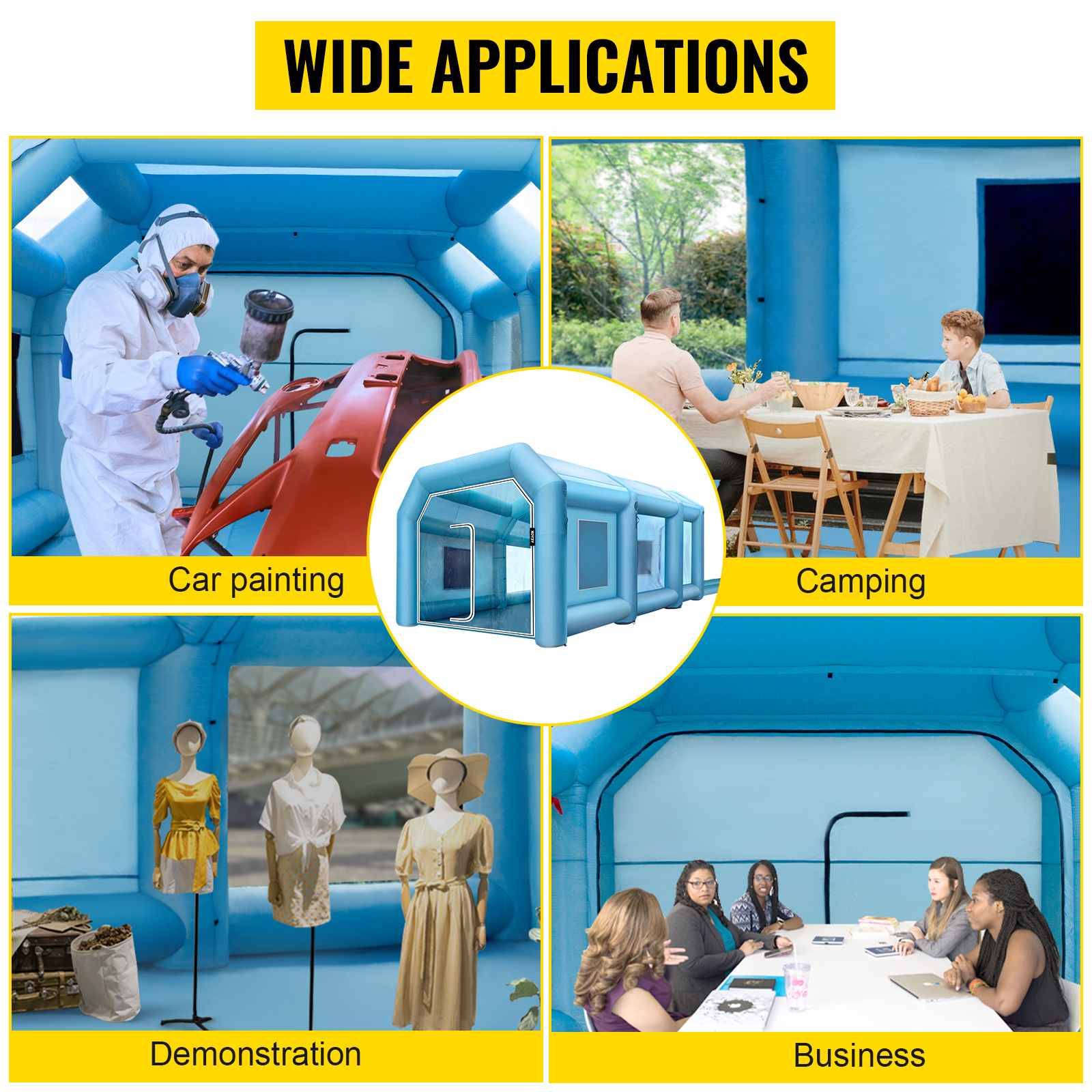 VEVOR inflatable paint booth used for car painting, camping, demonstrations, and business meetings.