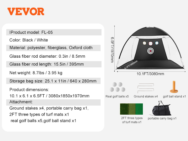 VEVOR golf net, black/white, 10.1x6.1ft, includes stakes, carry bag, ball stand, and turf mats.