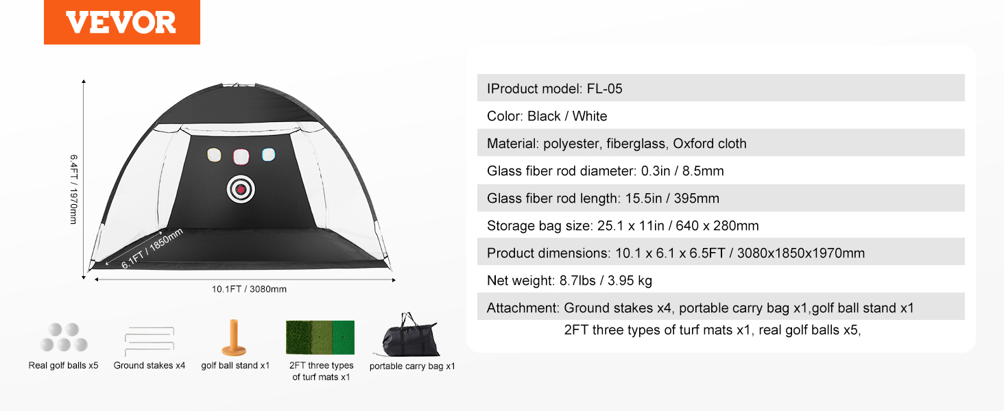 VEVOR golf net, black/white, 10.1x6.1ft, includes stakes, carry bag, ball stand, and turf mats.