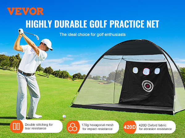 highly durable VEVOR golf net on a golf course showing features: tear resistance, impact resistance, abrasion resistance.