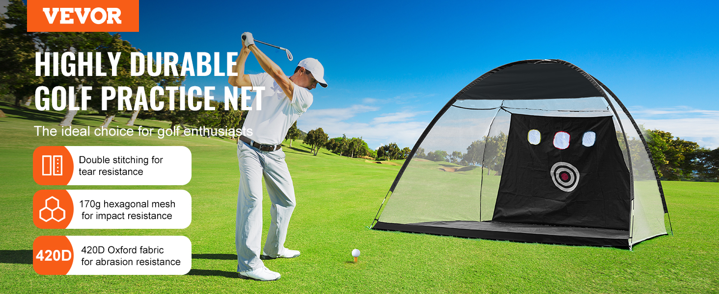 highly durable VEVOR golf net on a golf course showing features: tear resistance, impact resistance, abrasion resistance.