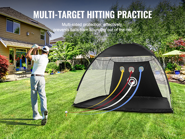 golfer practicing with VEVOR golf net in backyard, featuring multi-target design and protective barriers.