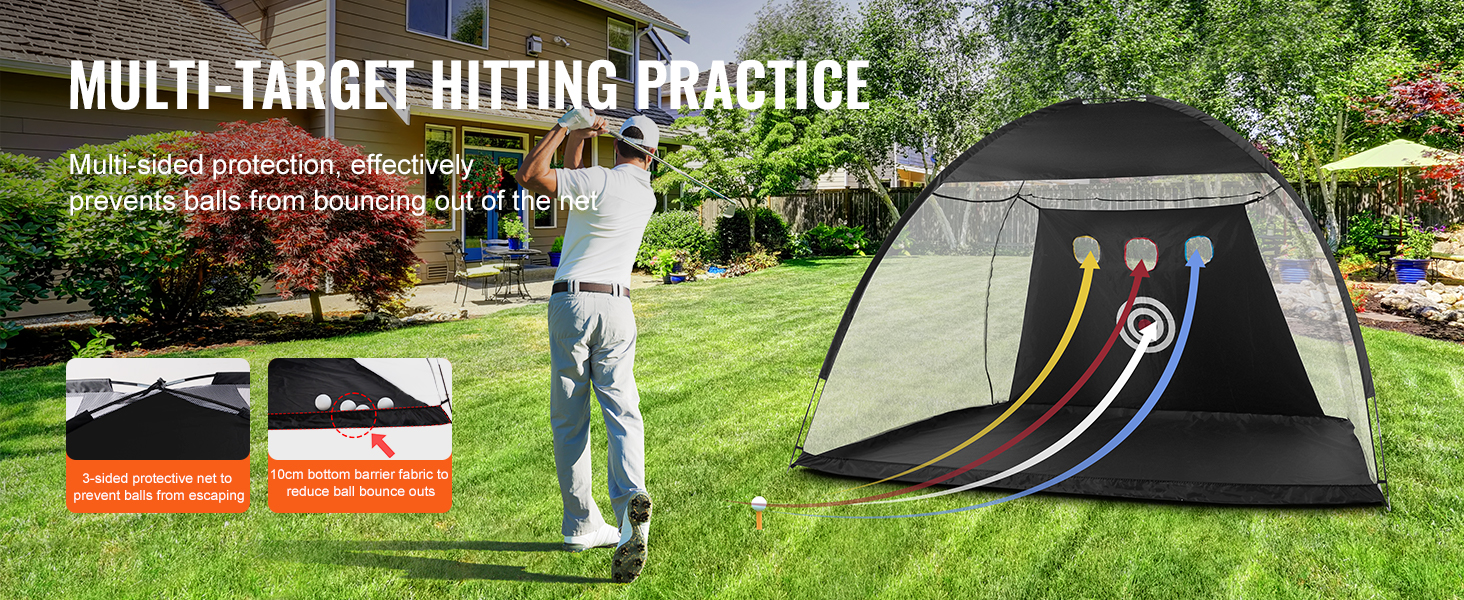 golfer practicing with VEVOR golf net in backyard, featuring multi-target design and protective barriers.