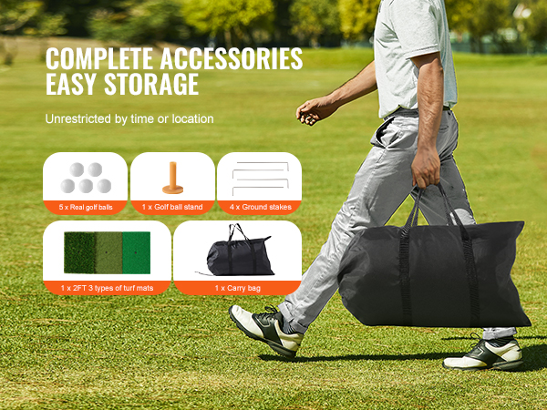 person carrying a bag on a golf course with VEVOR golf net accessories including balls and turf mats.