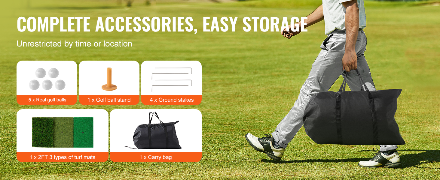 person carrying a bag on a golf course with VEVOR golf net accessories including balls and turf mats.