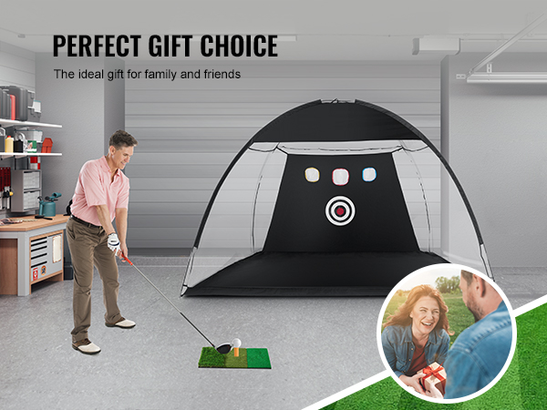 practicing golf with VEVOR golf net in a garage, labeled "perfect gift choice" for family and friends.