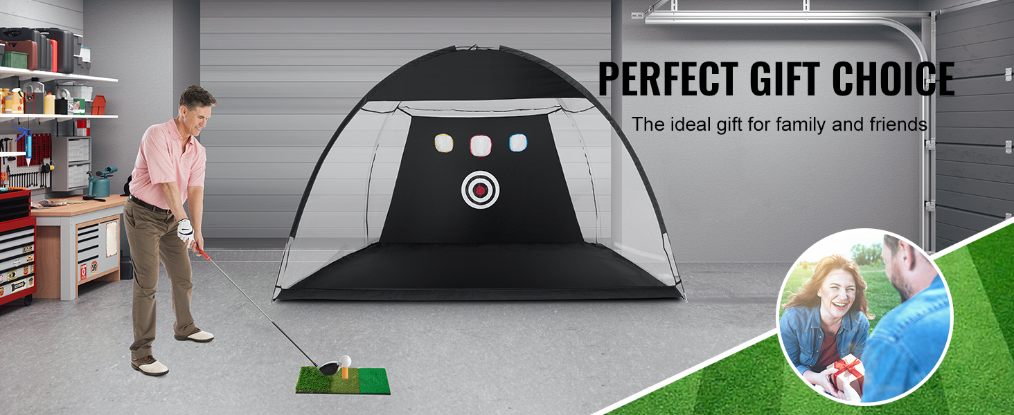 practicing golf with VEVOR golf net in a garage, labeled "perfect gift choice" for family and friends.