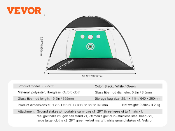 VEVOR golf practice net with targets in black, white, and green, dimensions 10.1ft x 6.5ft.