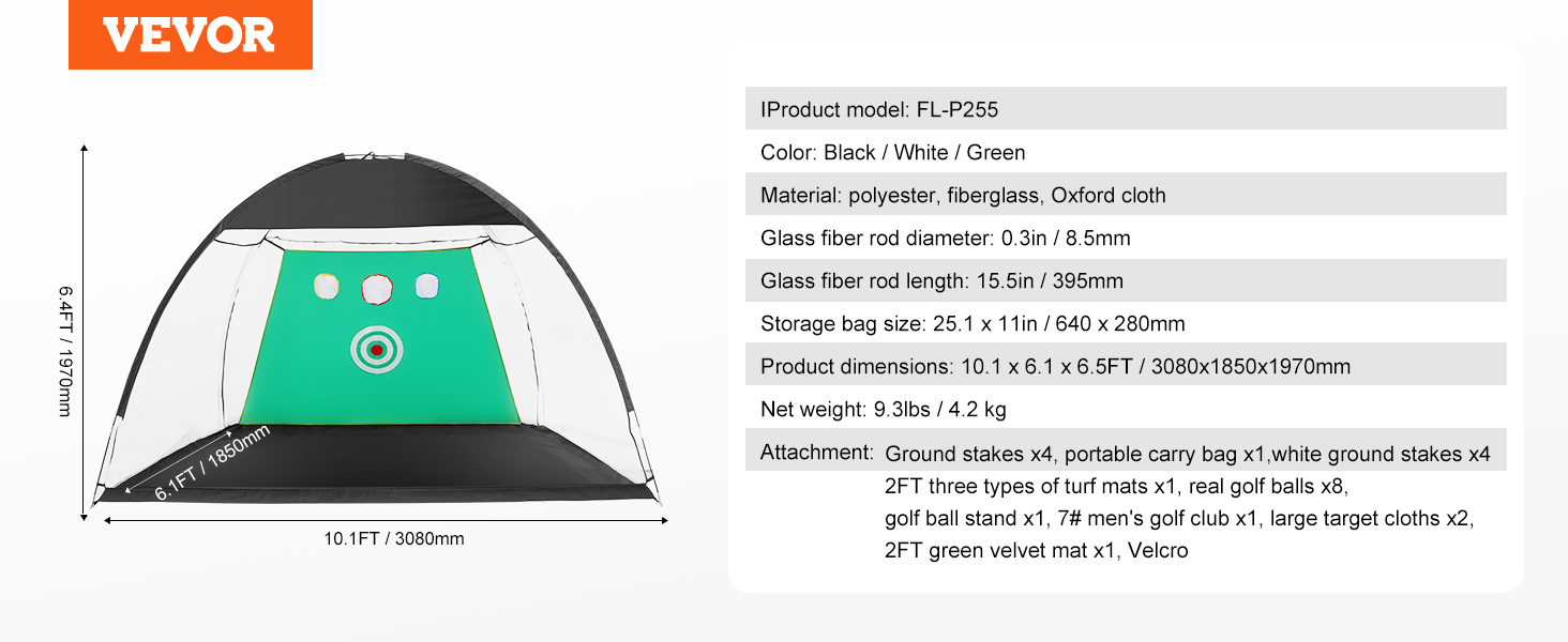 VEVOR golf practice net with targets in black, white, and green, dimensions 10.1ft x 6.5ft.