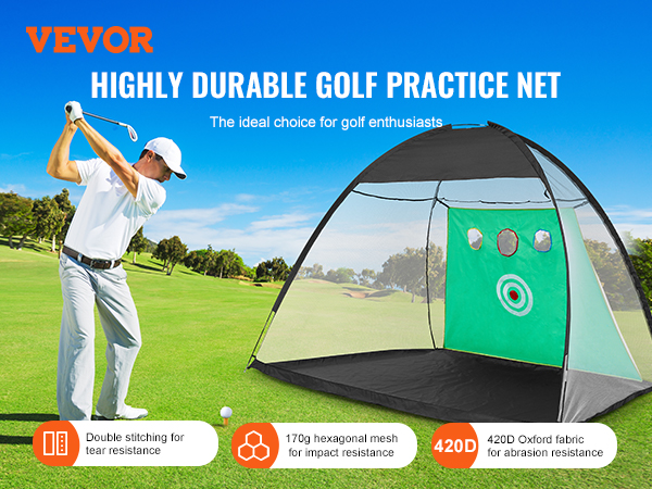 VEVOR golf practice net, highly durable with double stitching, 170g hexagonal mesh, and 420d oxford fabric.