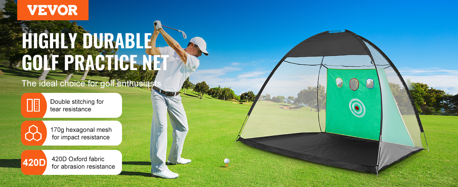 VEVOR golf practice net, highly durable with double stitching, 170g hexagonal mesh, and 420d oxford fabric.