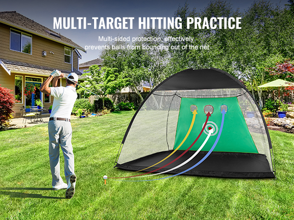 golfer practicing with VEVOR golf practice net in backyard, showcasing multi-target and protective net features.