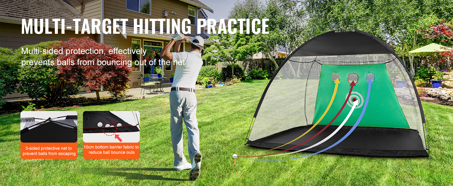 golfer practicing with VEVOR golf practice net in backyard, showcasing multi-target and protective net features.