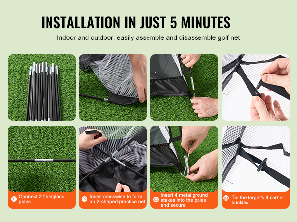 VEVOR golf practice net, easy installation steps: connect poles, form x-shape, insert stakes, tie buckles.
