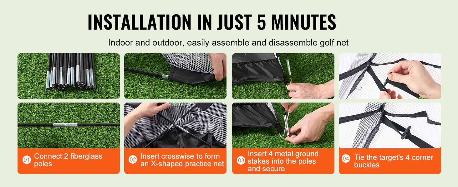 VEVOR golf practice net, easy installation steps: connect poles, form x-shape, insert stakes, tie buckles.