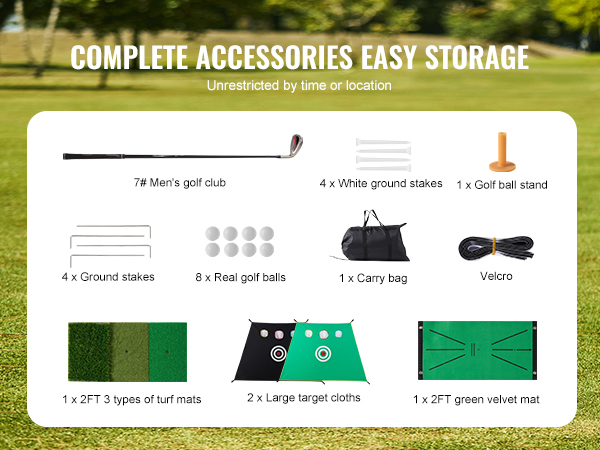 complete VEVOR golf practice net set with easy storage, including accessories and carry bag on a golf course.