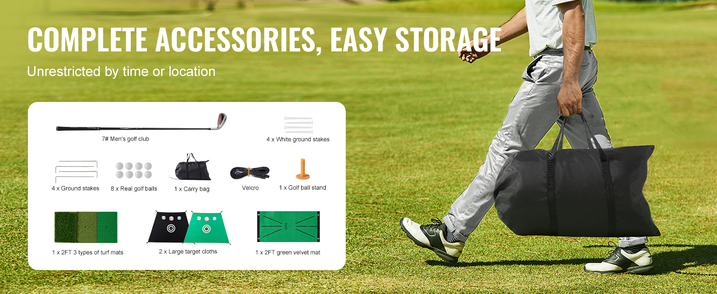 complete VEVOR golf practice net set with easy storage, including accessories and carry bag on a golf course.