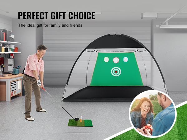 man practicing golf in garage with VEVOR golf practice net, perfect gift for family and friends.