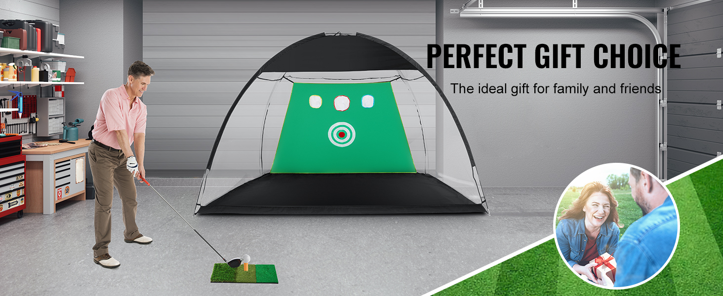 man practicing golf in garage with VEVOR golf practice net, perfect gift for family and friends.