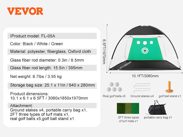 VEVOR golf practice net, 10.1 x 6.1 ft, with ground stakes, golf ball stand, turf mats, and carry bag.