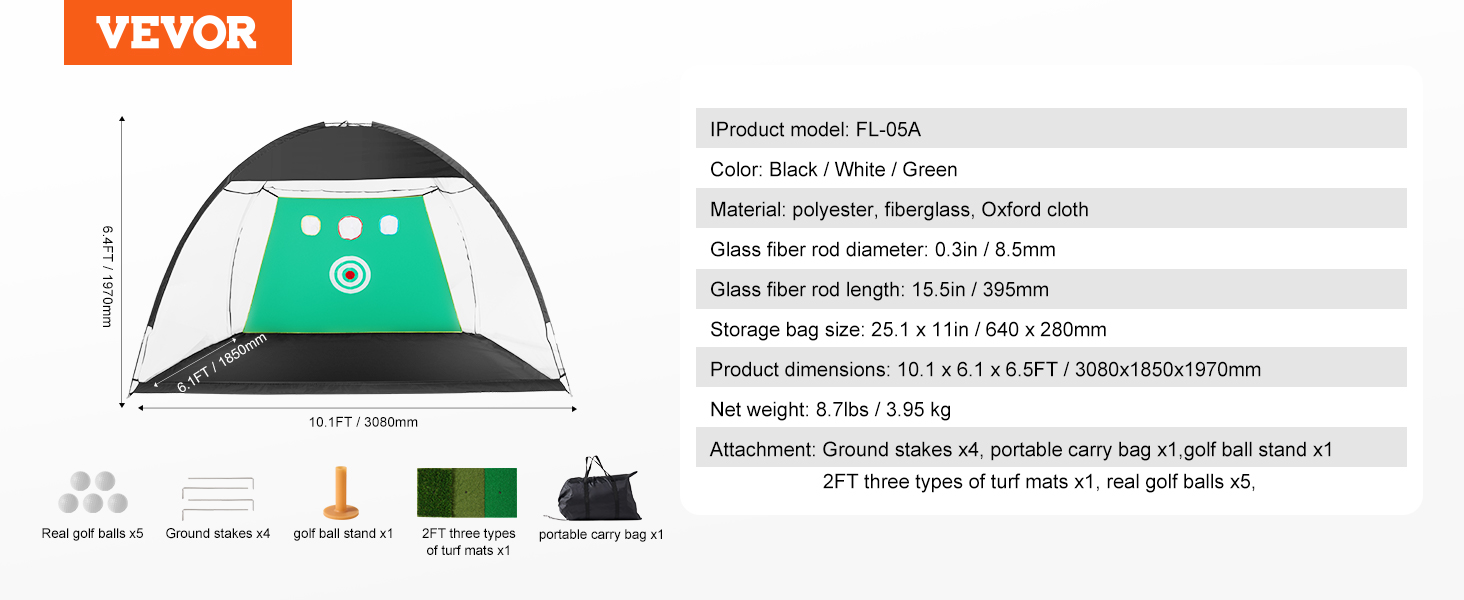 VEVOR golf practice net, 10.1 x 6.1 ft, with ground stakes, golf ball stand, turf mats, and carry bag.