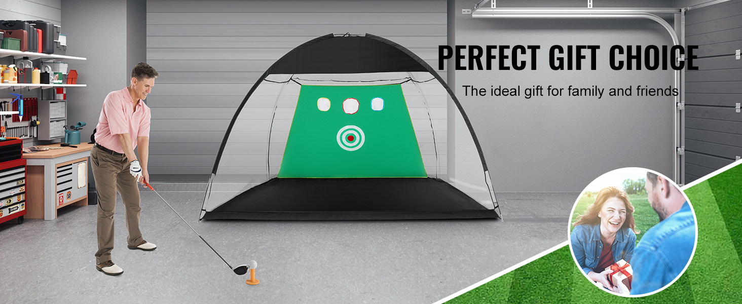 man practicing golf with VEVOR golf practice net in a garage. text reads, "perfect gift choice for family and friends."