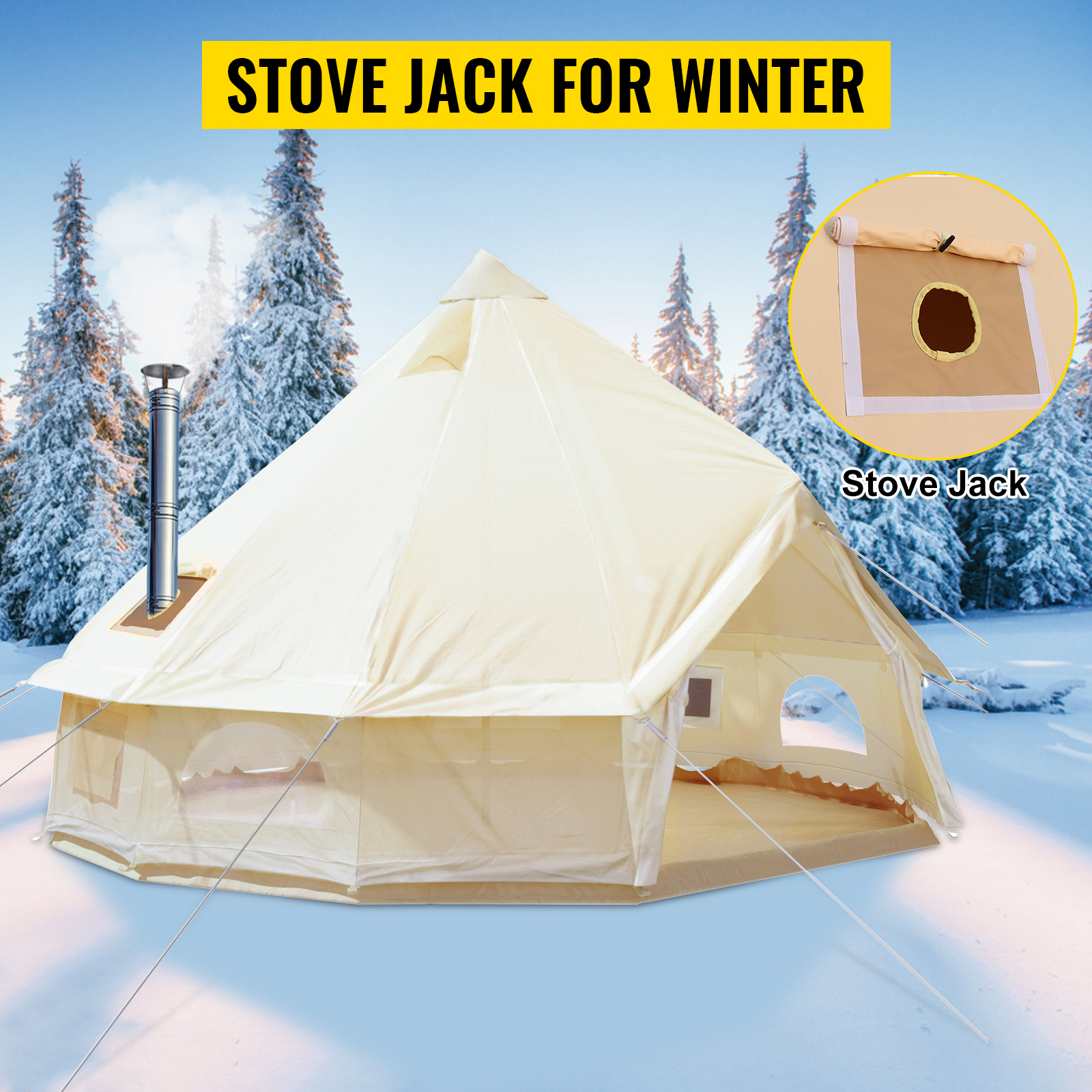 VEVOR glamping bell tent with stove jack for winter in snowy forest.