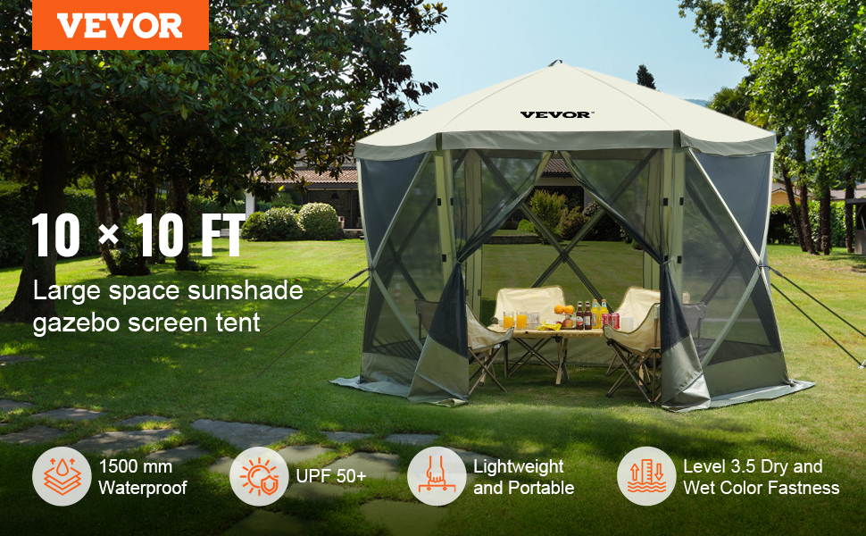 VEVOR pop up gazebo tent in a green garden, featuring large sunshade, waterproof, and portable design.
