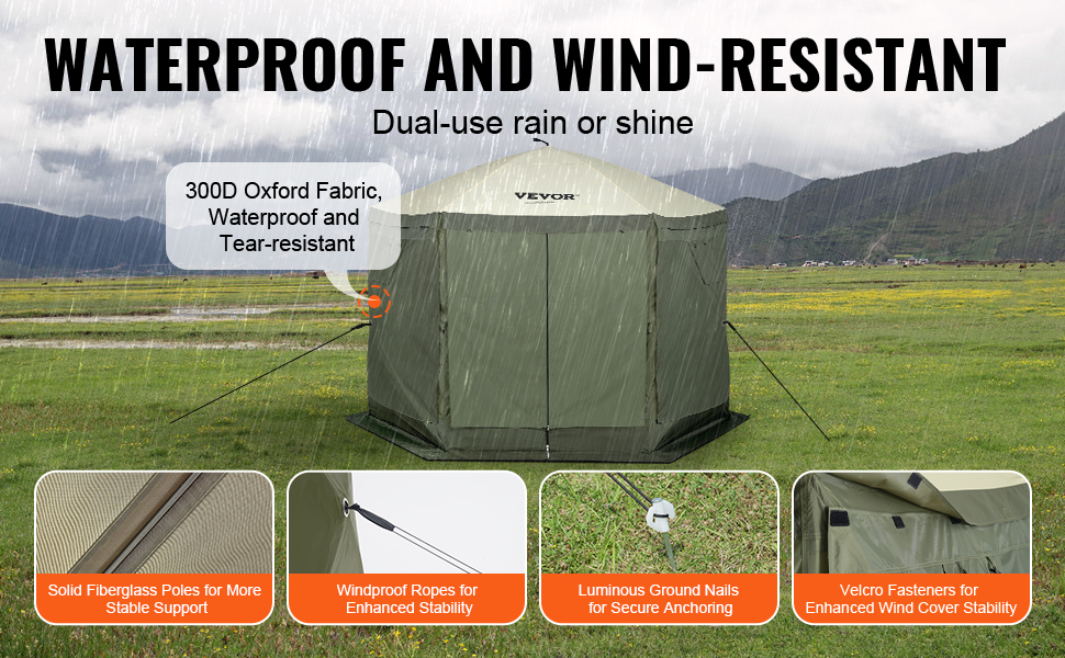 VEVOR pop up gazebo tent in rain with 300d oxford fabric, windproof ropes, fiberglass poles, and velcro fasteners.