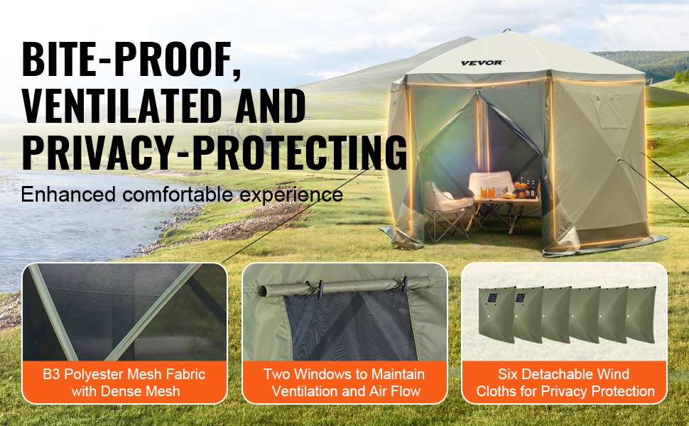 VEVOR pop up gazebo tent with mesh fabric windows, detachable wind cloths, and enhanced ventilation.
