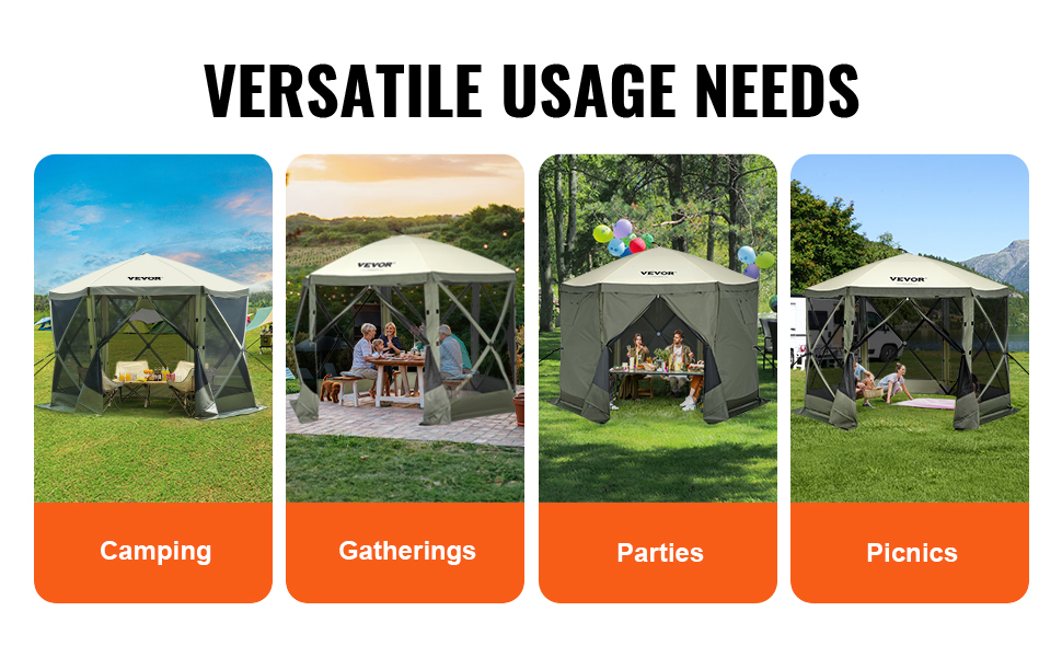 VEVOR pop up gazebo tent for camping, gatherings, parties, and picnics in various outdoor settings.