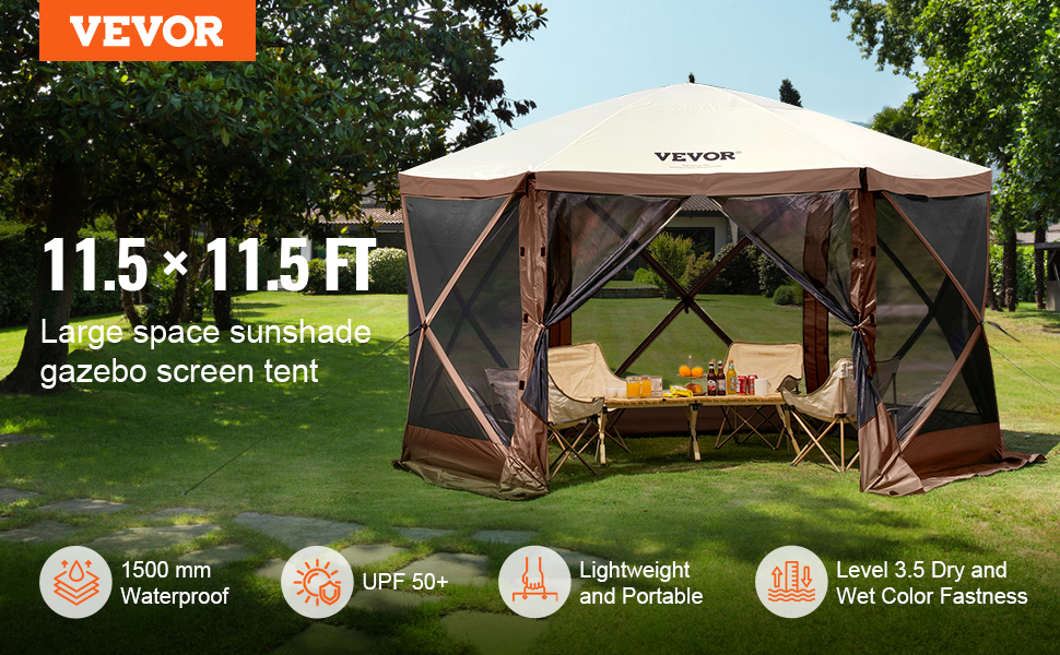VEVOR pop up gazebo tent 11.5x11.5 ft, waterproof, upf 50+, lightweight, and portable in a garden setting.