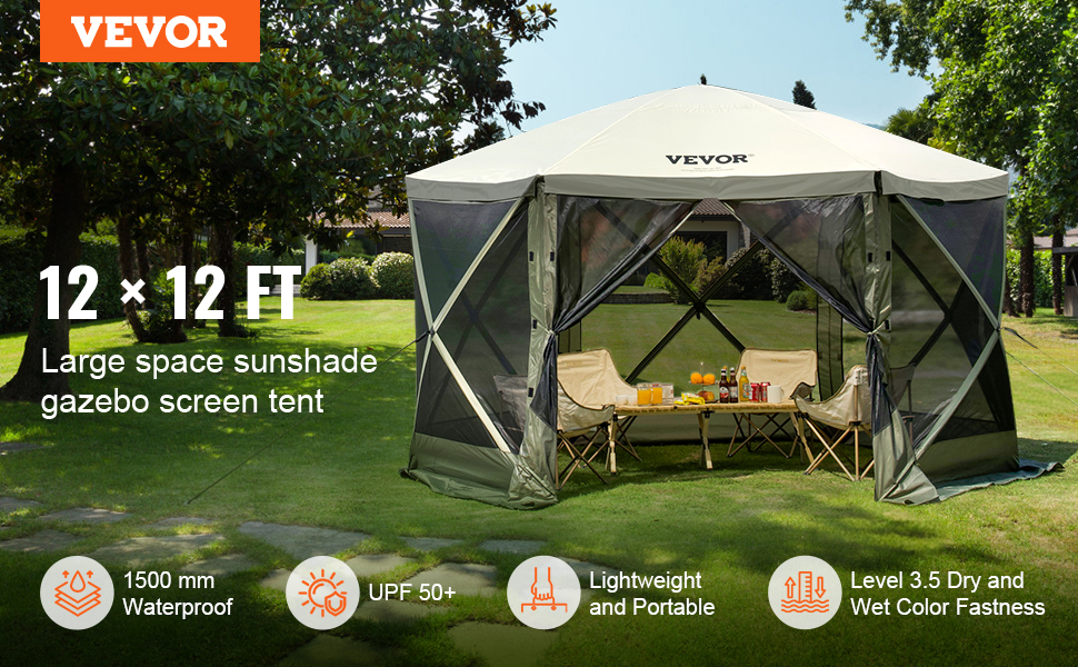 VEVOR pop up gazebo tent in a spacious garden, offering a shaded seating area with drinks and snacks.