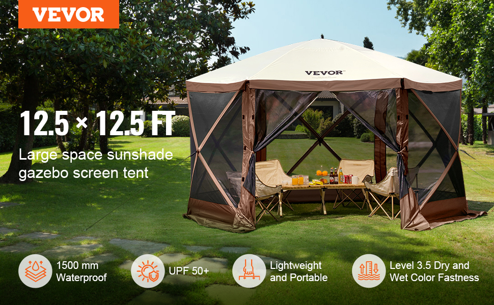 VEVOR pop up gazebo tent, 12.5×12.5 ft, large sunshade, screen tent, waterproof, upf 50+, portable.