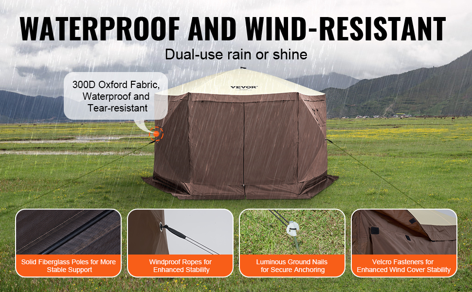 VEVOR pop up gazebo tent in rain with 300d oxford fabric, solid poles, windproof ropes, and velcro fasteners.