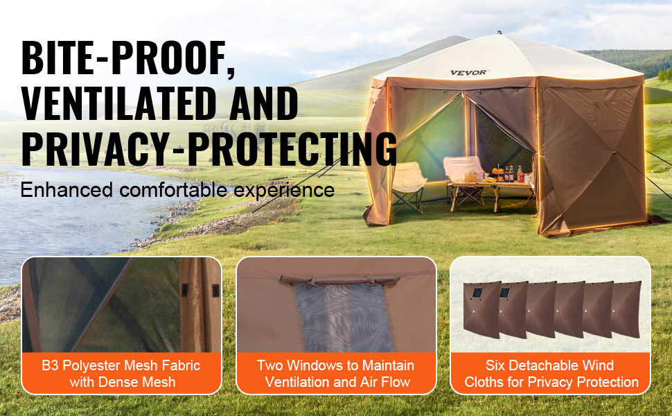 VEVOR pop up gazebo tent with dense polyester mesh, dual windows, and detachable wind cloths for privacy.