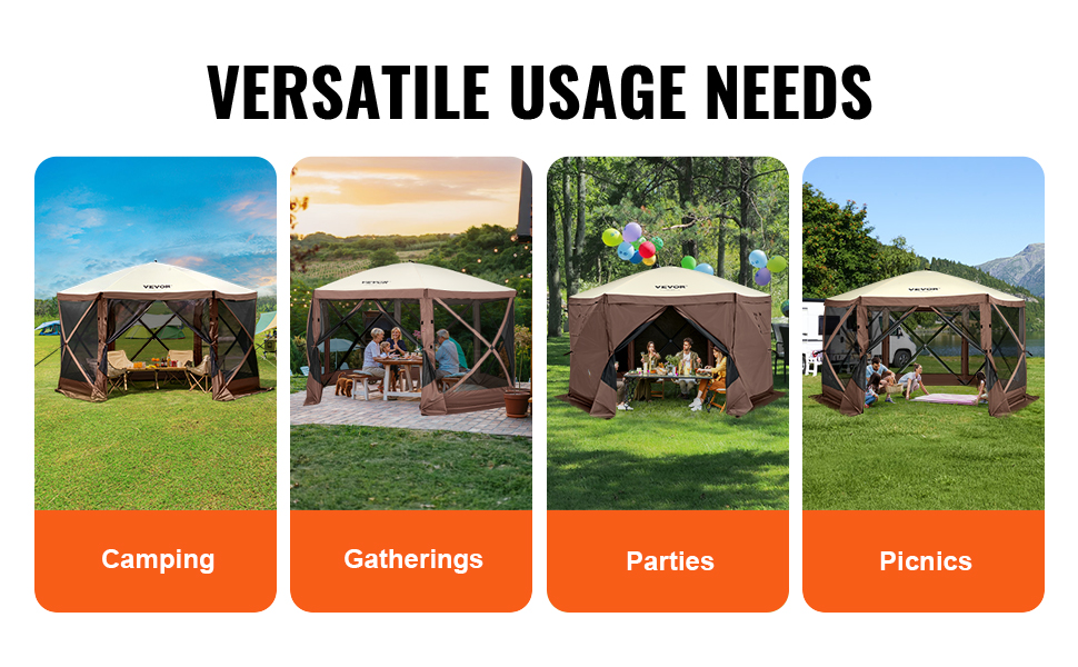 VEVOR pop-up lapene telts kempingiem, pasākumiem, ballītēm un piknikiem dažādos āra apstākļos.